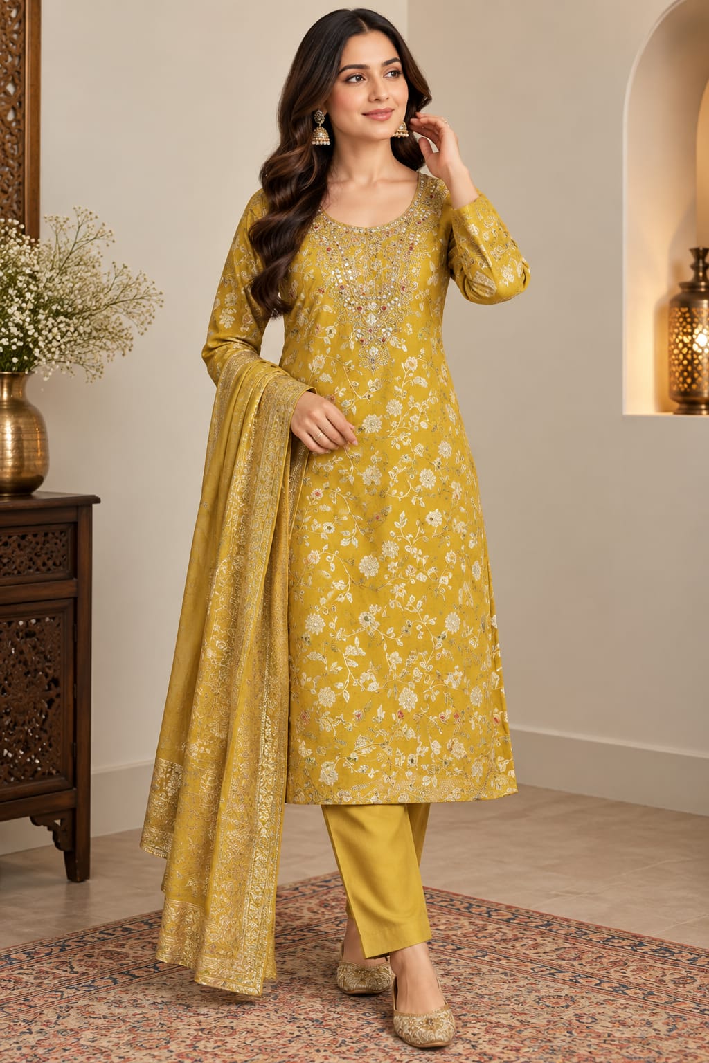 Mustard Blossom Silk Set — Suit Set at Trendy Closet, Morrisville NC