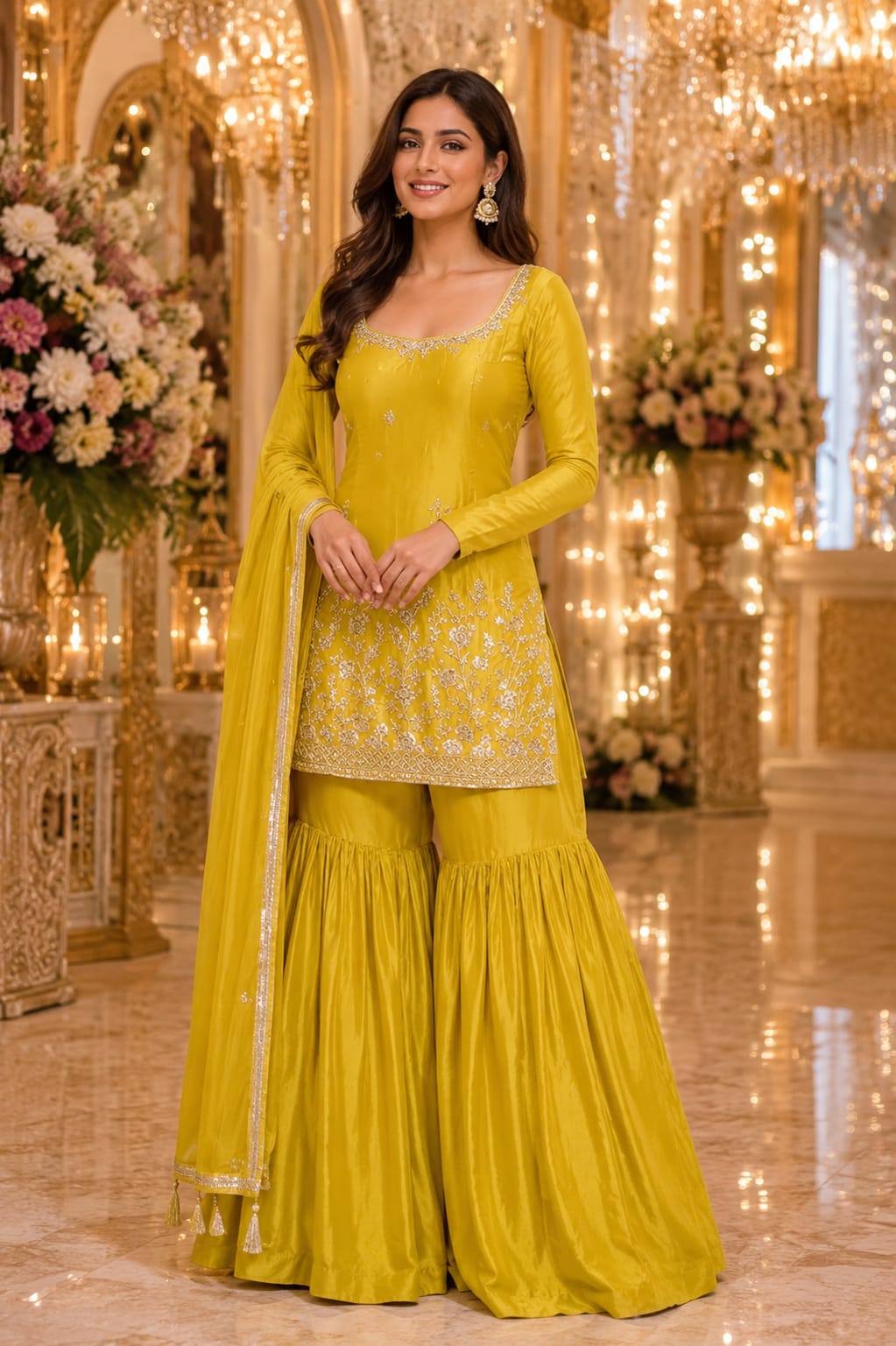 Mustard Yellow Embroidered Kurta Sharara Set — Sharara Suits at Trendy Closet, Morrisville NC