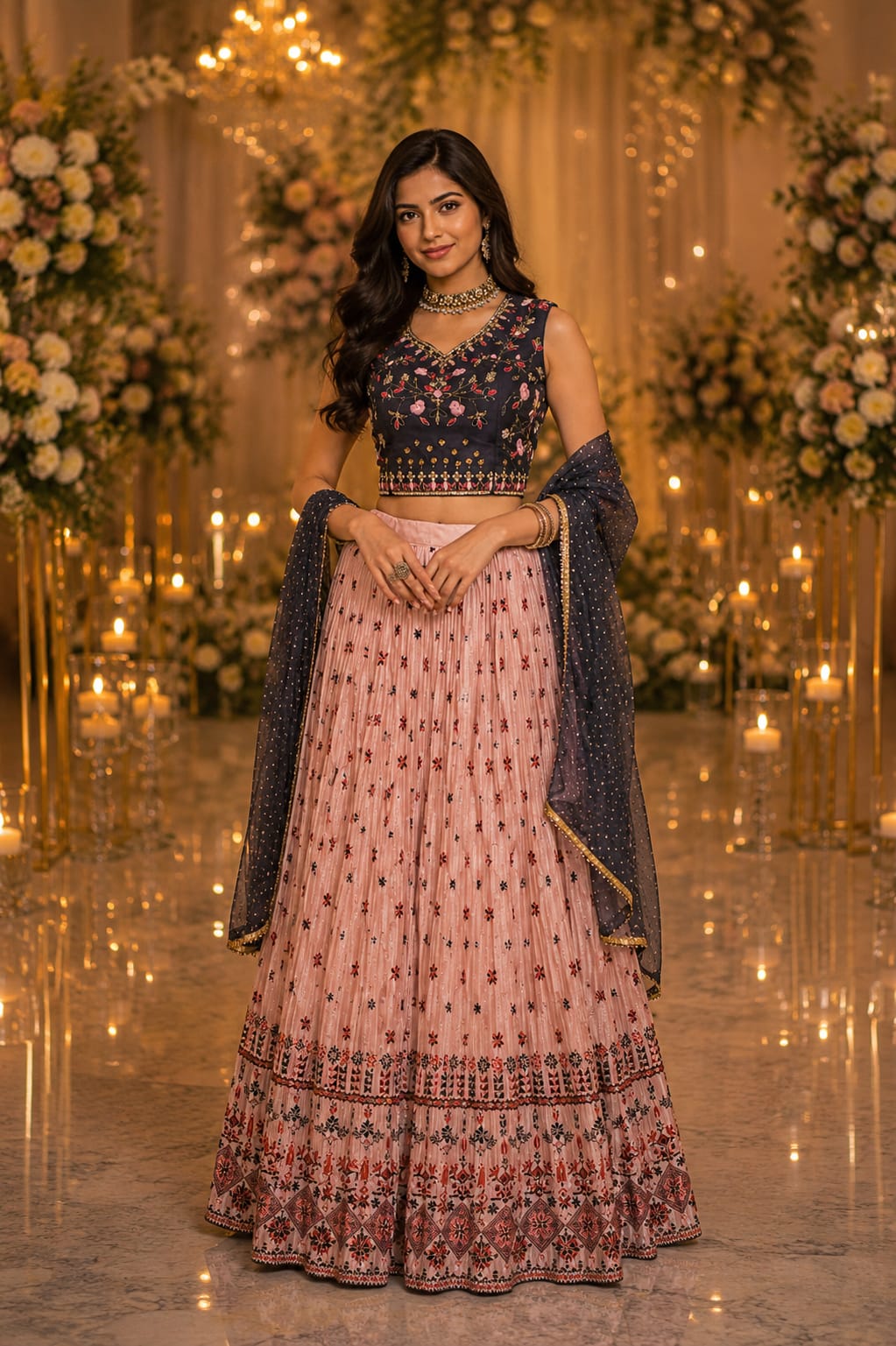 Navy Blue Floral Crop Top with Blush Pink Printed Lehenga Set — Lehengas at Trendy Closet, Morrisville NC