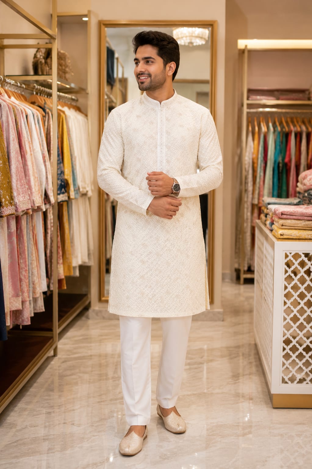 Ivory Chikankari Kurta Set — Men's Wear at Trendy Closet, Morrisville NC