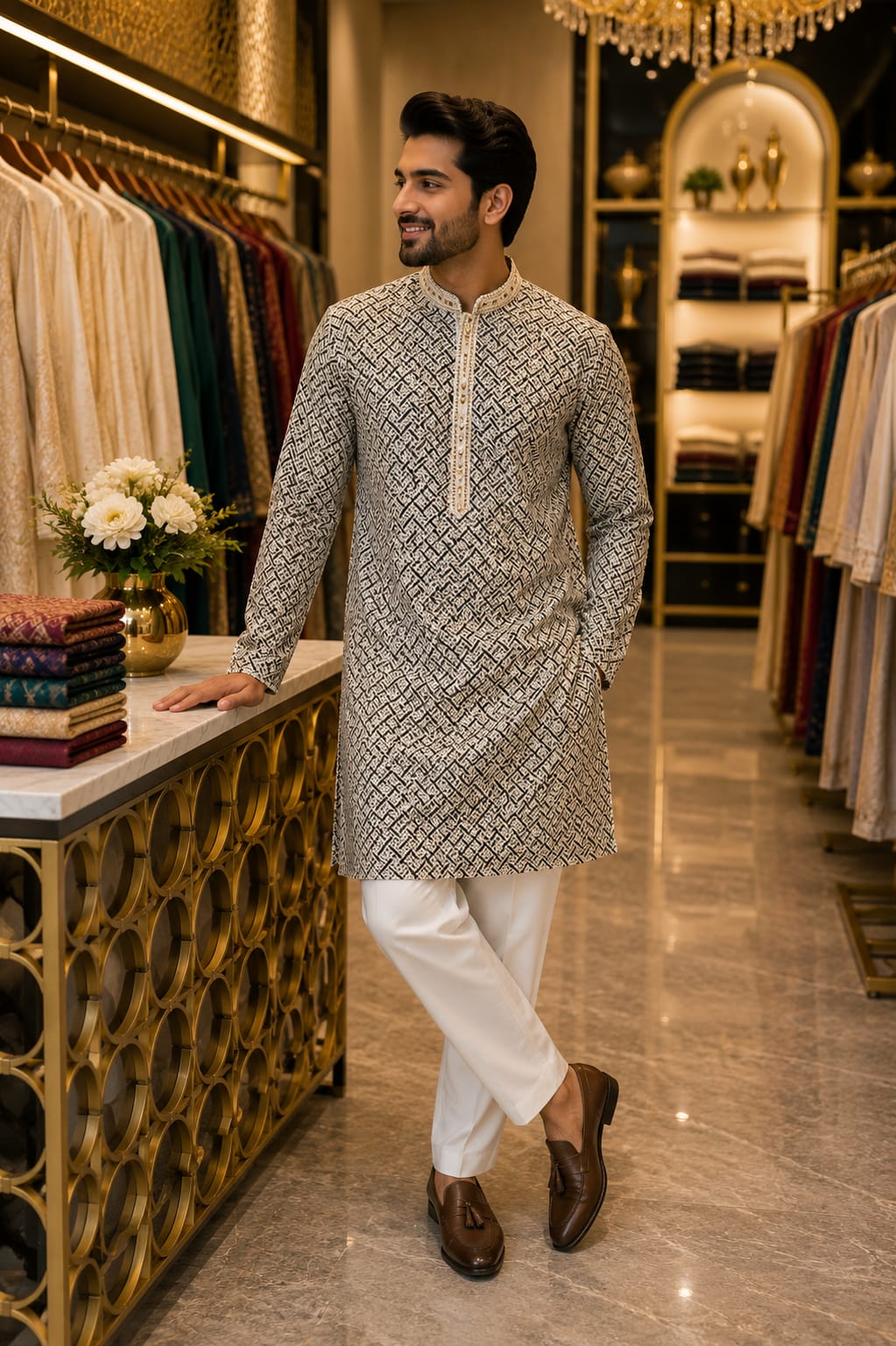 Monochrome Lattice Kurta — Men's Wear at Trendy Closet, Morrisville NC