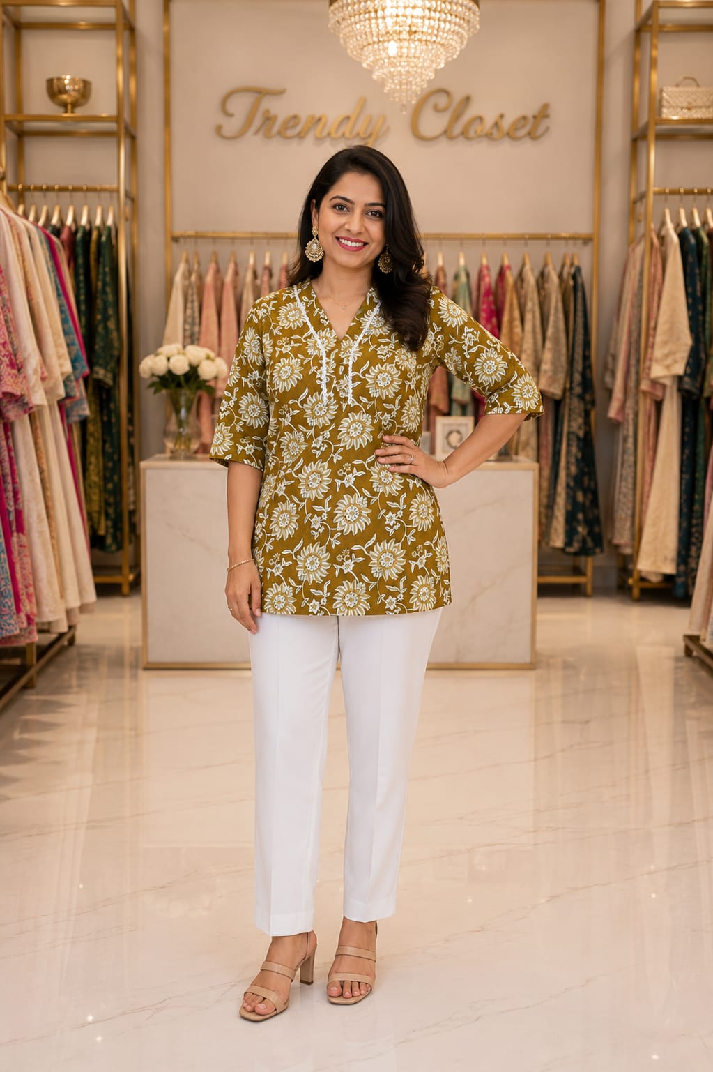 Olive Floral Printed Short Kurti with White Straight Pants — Kurti at Trendy Closet, Morrisville NC