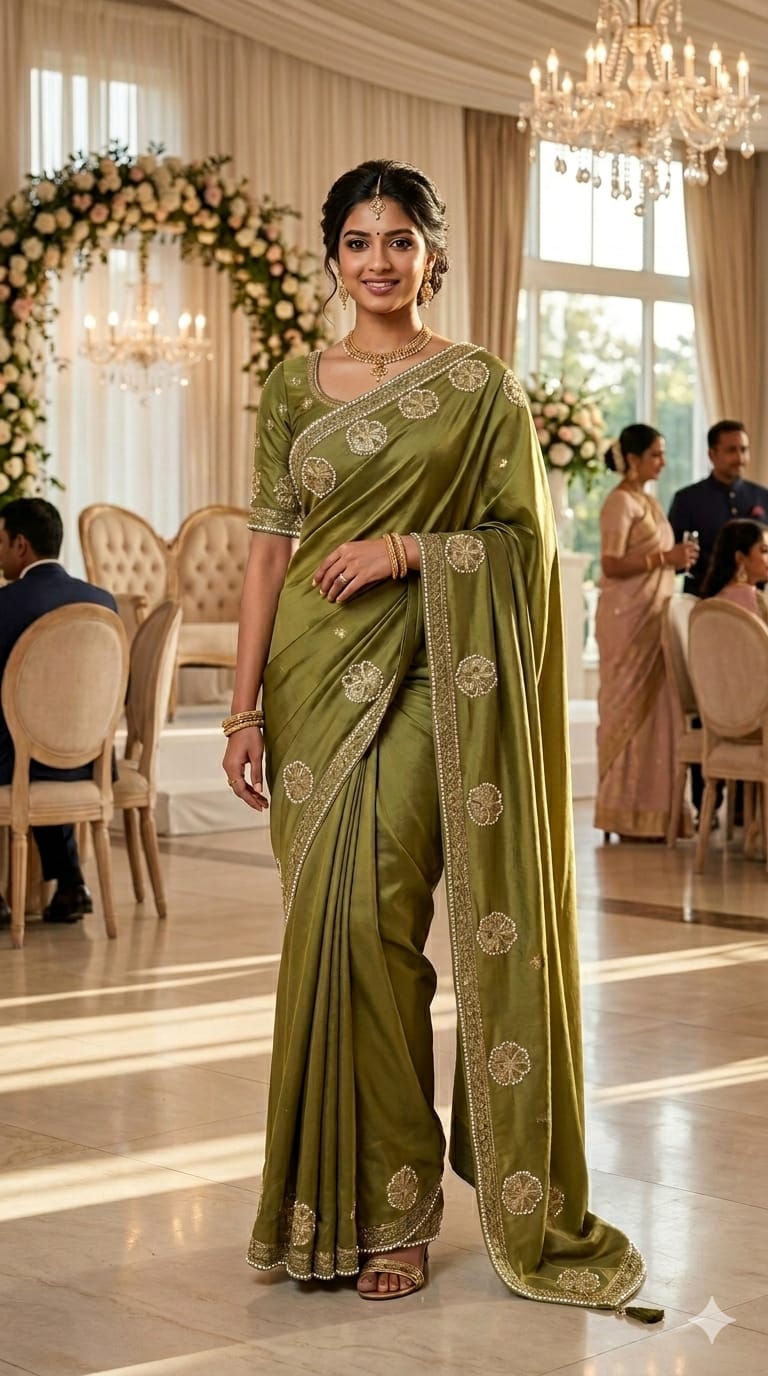 Olive Green Embroidered Designer Saree — Sarees at Trendy Closet, Morrisville NC