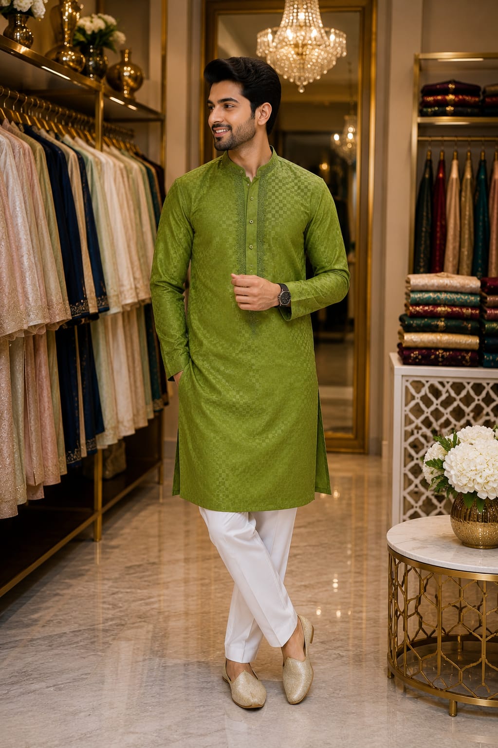 Olive Moss Jacquard Kurta — Men's Wear at Trendy Closet, Morrisville NC