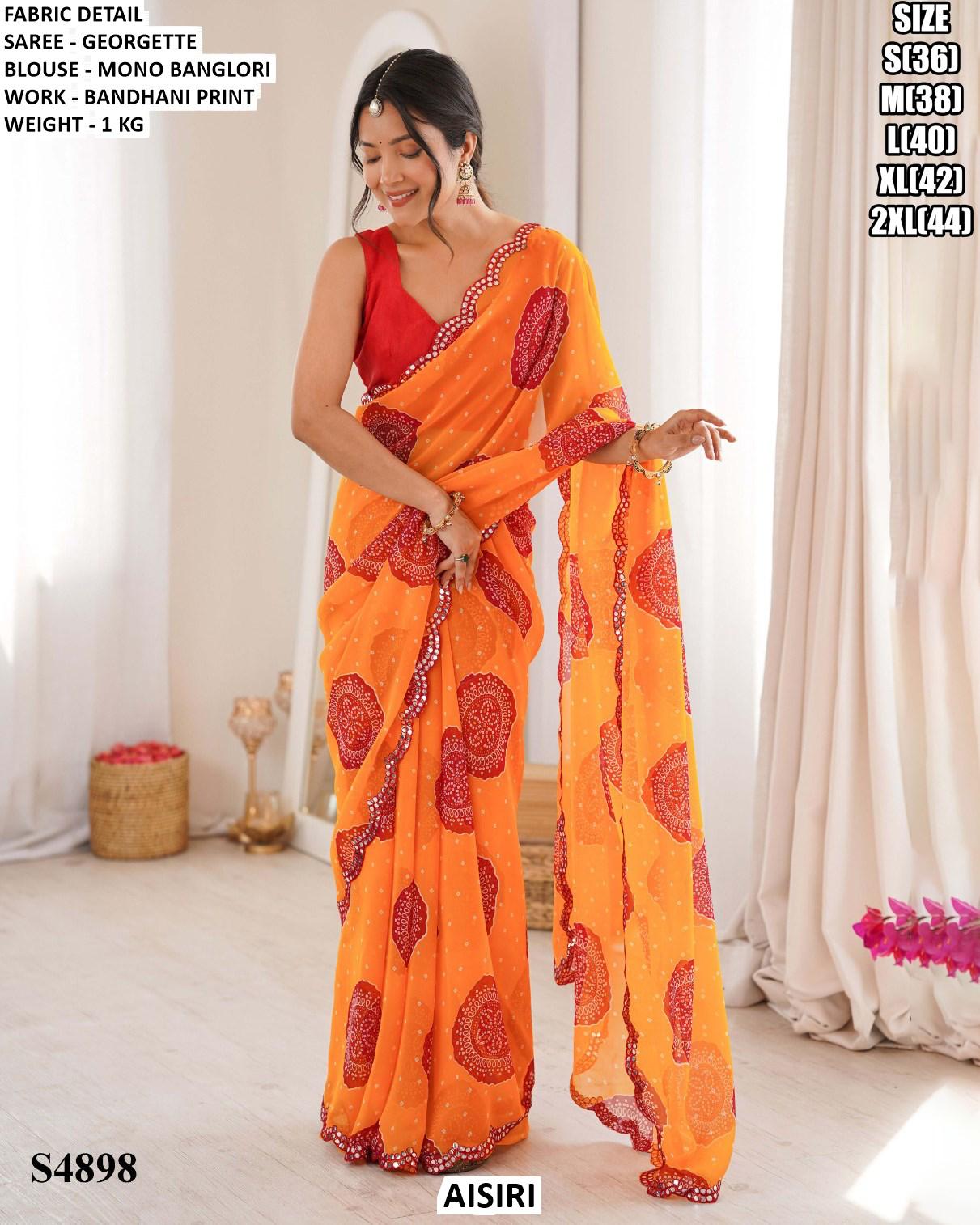 Orange Bandhani Print Georgette Saree with Red Blouse — Sarees at Trendy Closet, Morrisville NC