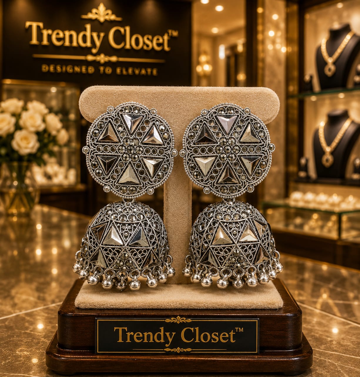 Silver Geometric Jhumkas — Accessories at Trendy Closet, Morrisville NC