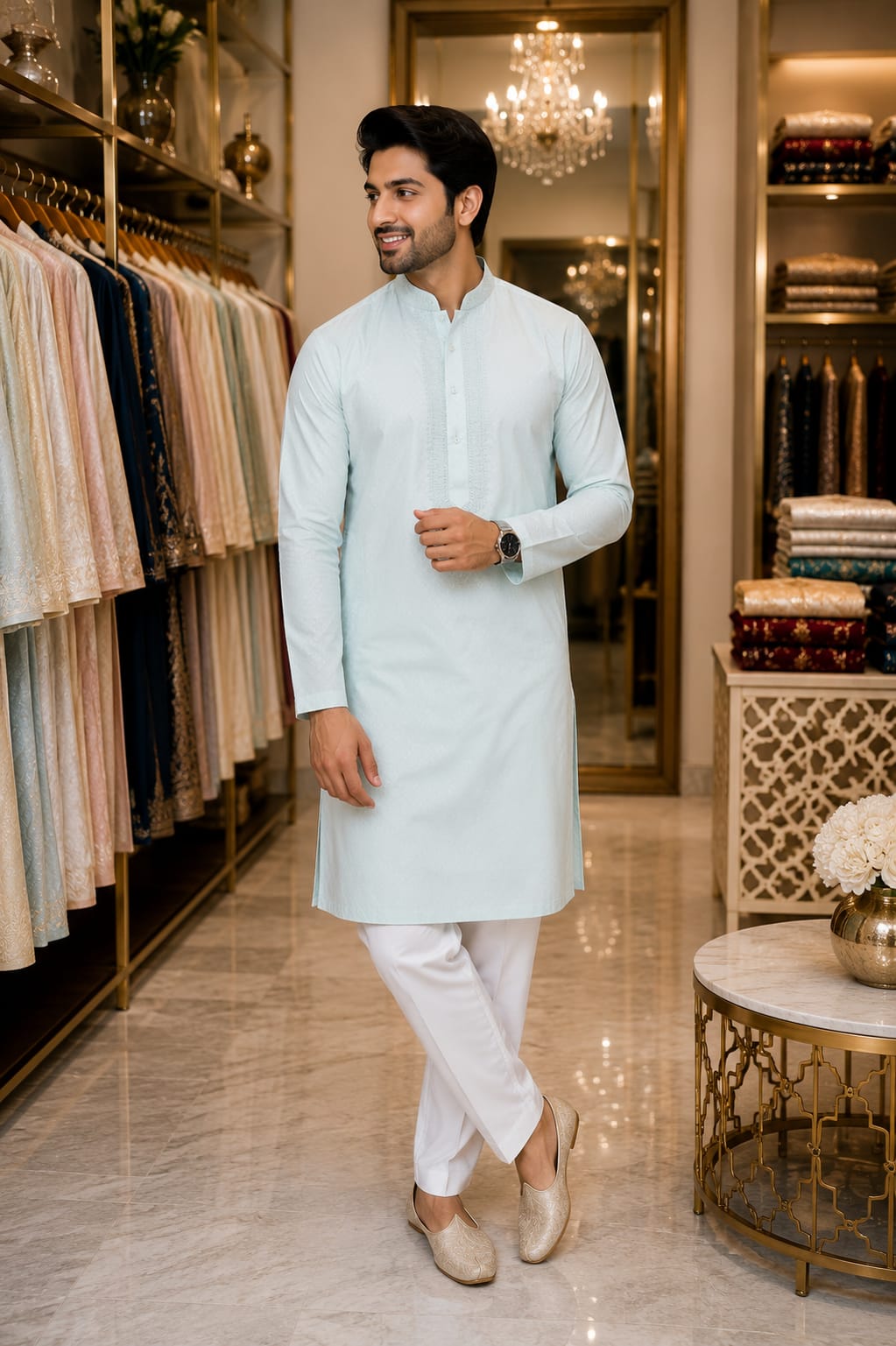 Arctic Mist Silk Kurta Set — Men's Wear at Trendy Closet, Morrisville NC