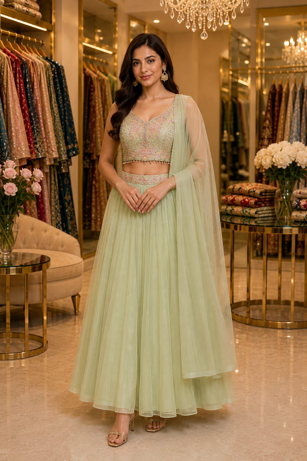 Pastel Mint Green Designer Lehenga Set with Embroidered — Lehengas at Trendy Closet, Morrisville NC