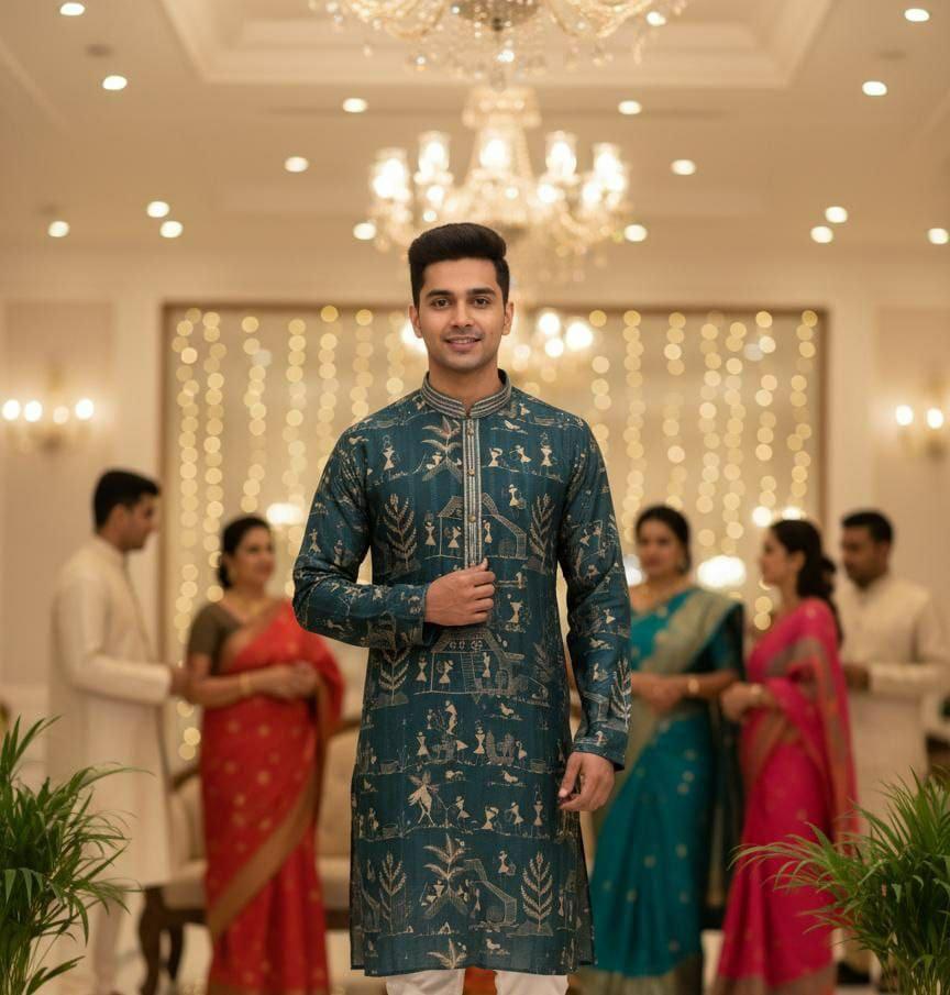Azure Warli Heritage Kurta — Men's Wear at Trendy Closet, Morrisville NC