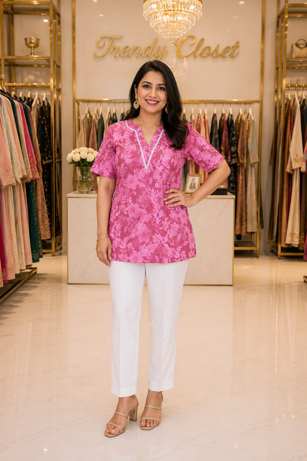 Pink Floral Printed Short Kurti with White Straight Pants — Kurti at Trendy Closet, Morrisville NC