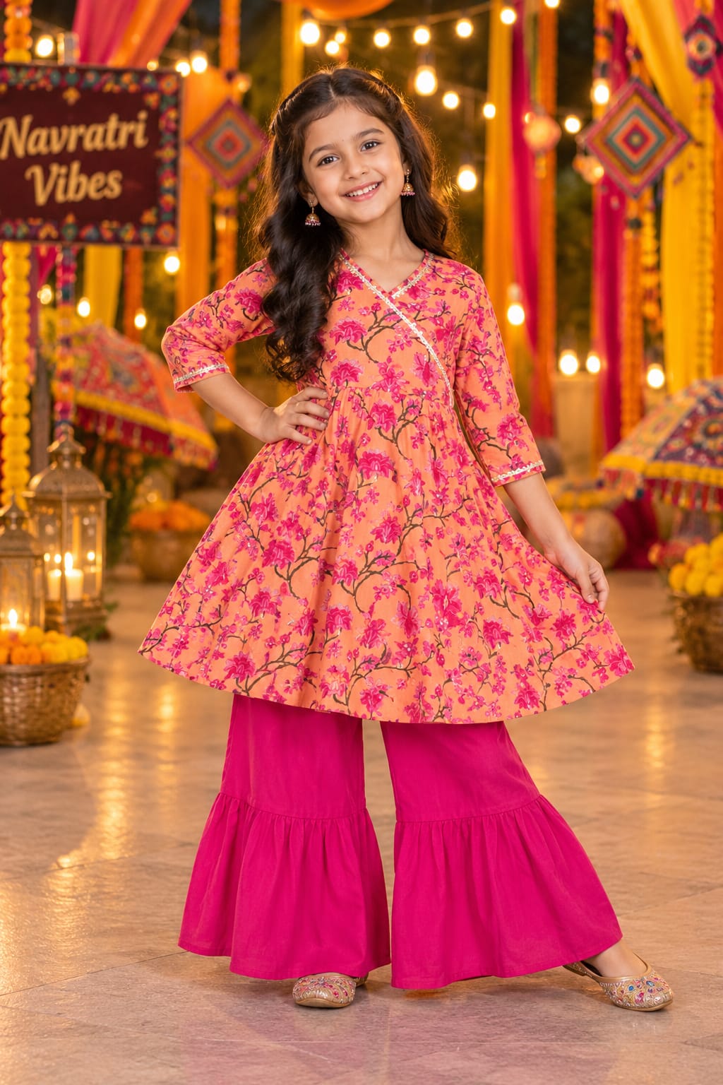 Playful Peach Floral Sharara — Kids - Girl at Trendy Closet, Morrisville NC