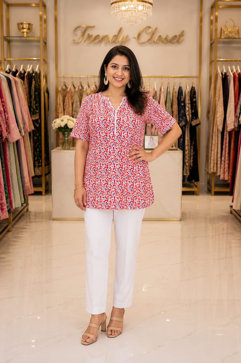 Red & White Printed Short Kurti with White Straight Pants — Kurti at Trendy Closet, Morrisville NC