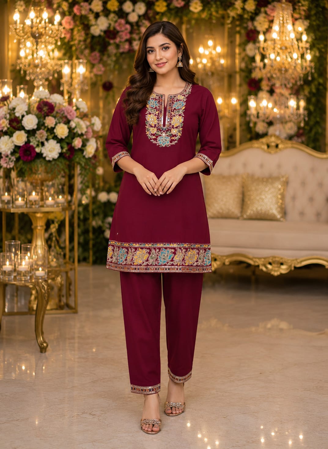 Royal Maroon Heritage Embroidered Suit Set — Suit Set at Trendy Closet, Morrisville NC