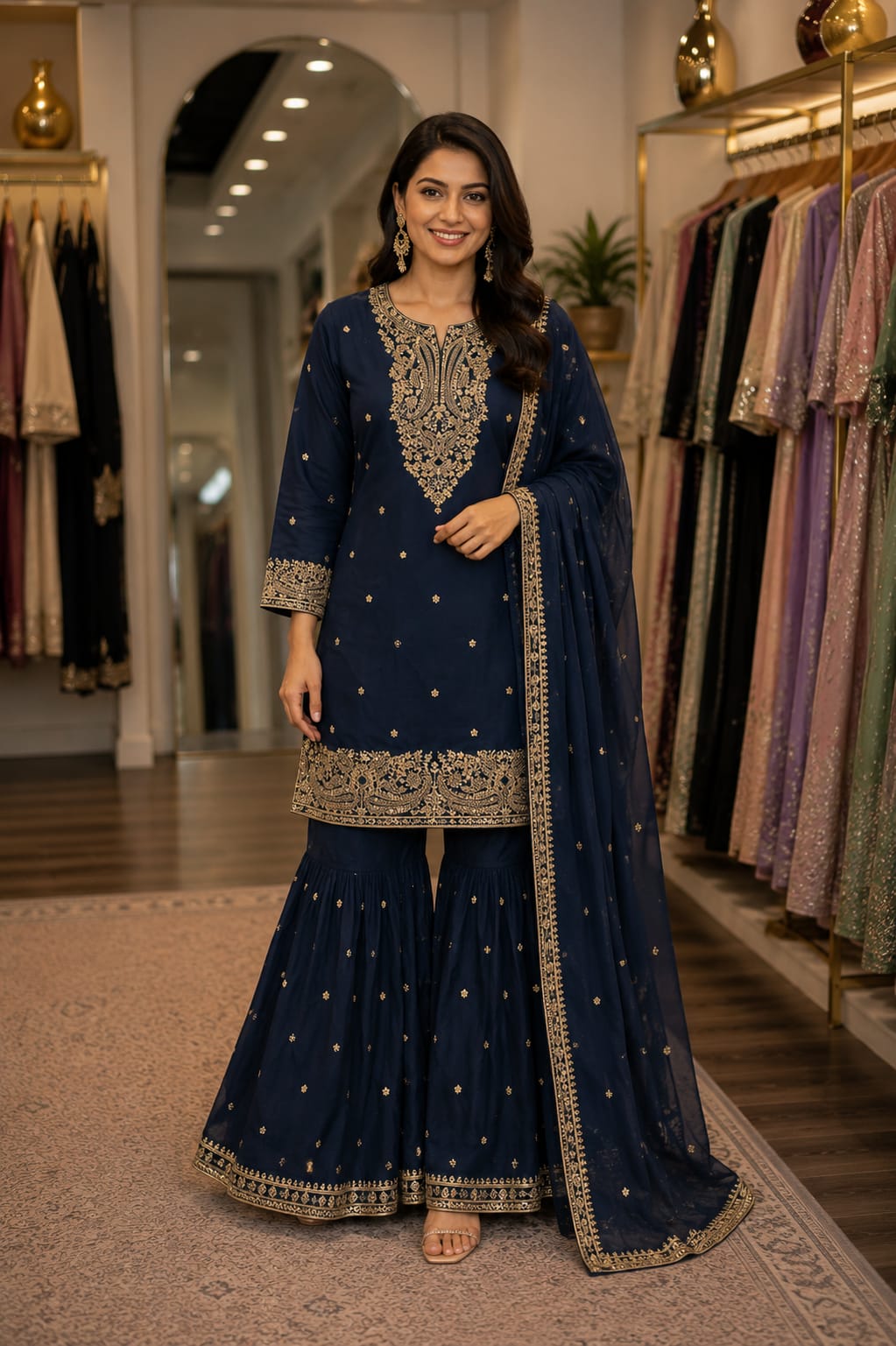 Royal Navy Zari Sharara Set — Sharara Suits at Trendy Closet, Morrisville NC