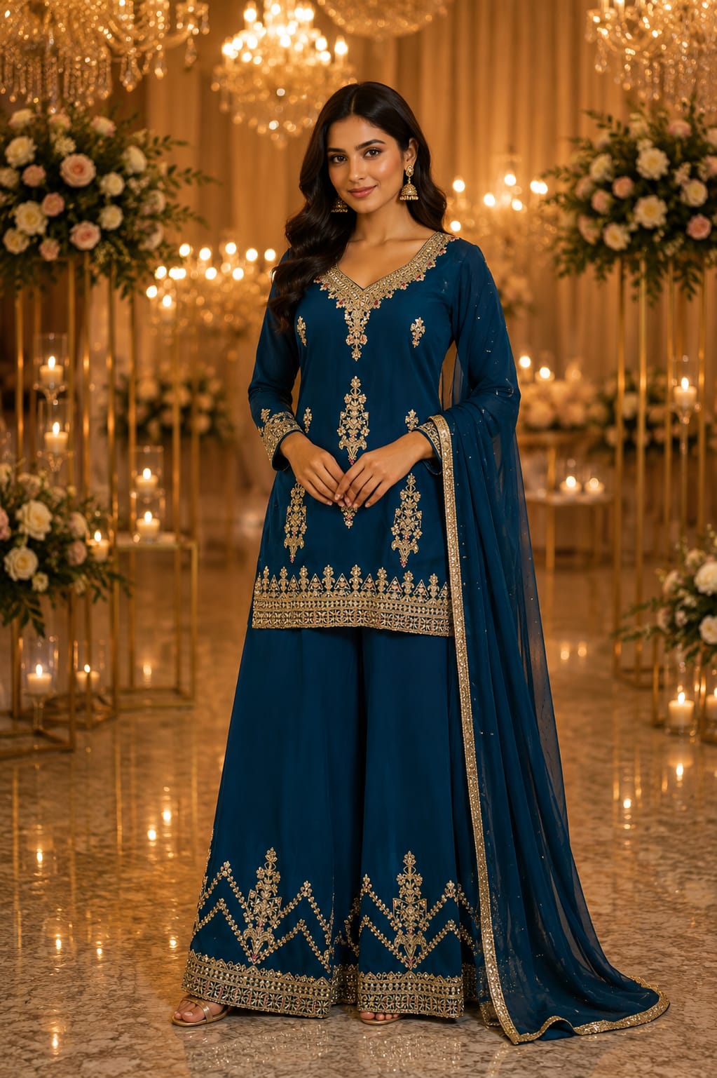 Royal Teal Blue Heavy Embroidered Sharara Suit Set — Sharara Suits at Trendy Closet, Morrisville NC