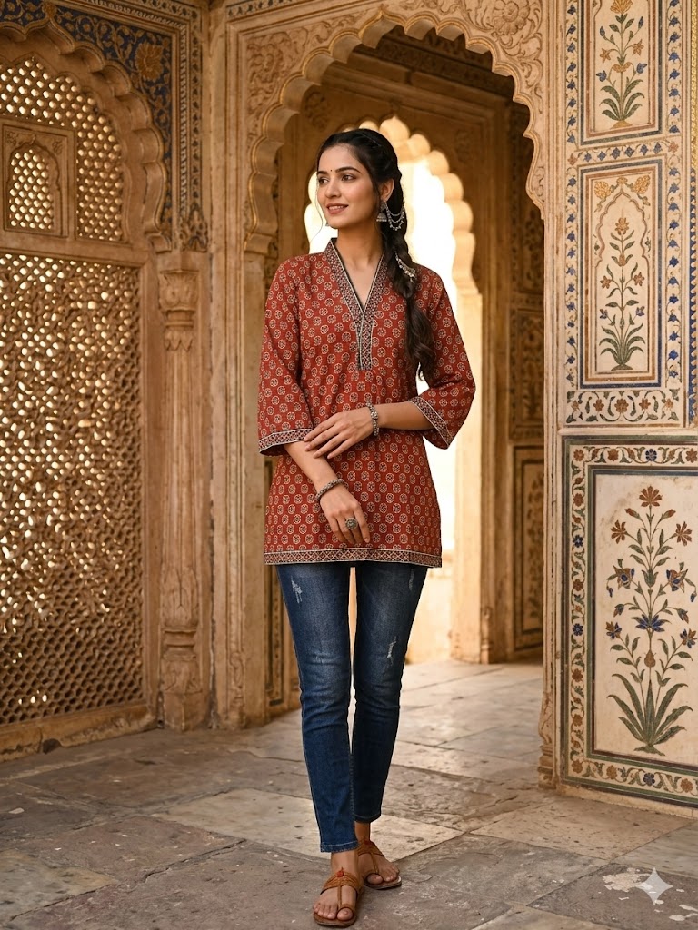 Rust Brown Printed Short Kurti — Kurti at Trendy Closet, Morrisville NC