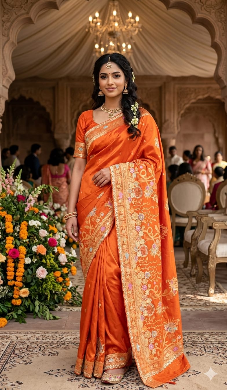 Rust Orange Banarasi Designer Silk Saree — Sarees at Trendy Closet, Morrisville NC