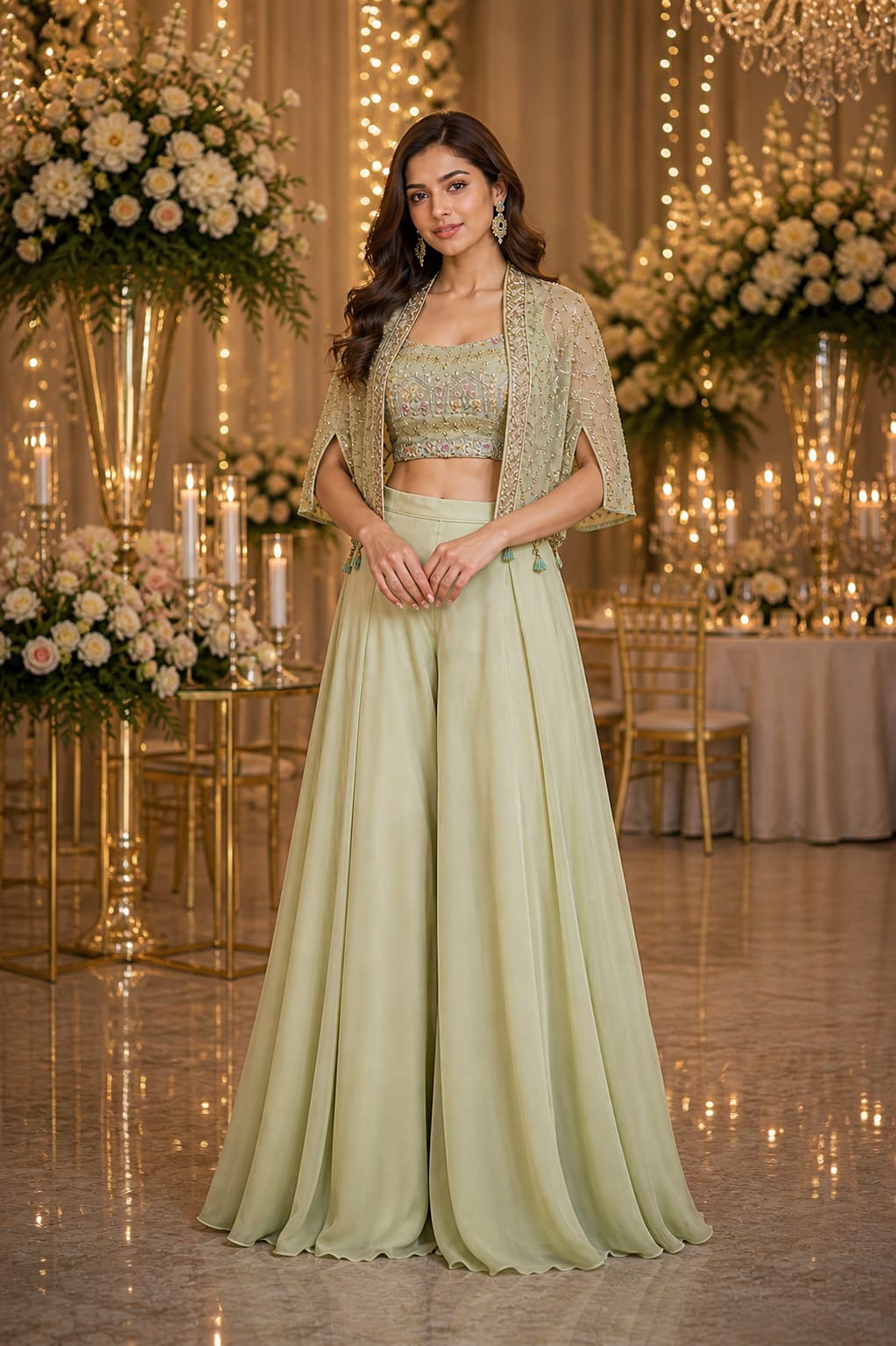 Sage Green Embroidered Cape with Palazzo Set — Palazzo Set at Trendy Closet, Morrisville NC