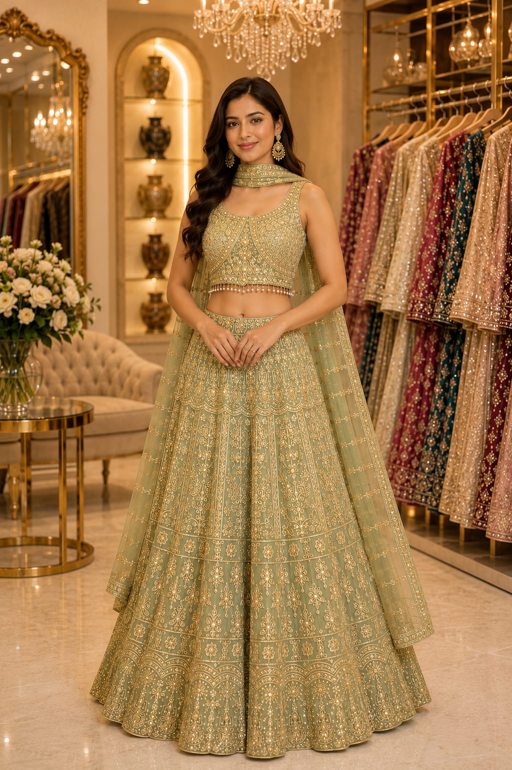 Sage Green Embroidered Lehenga Set — Lehengas at Trendy Closet, Morrisville NC