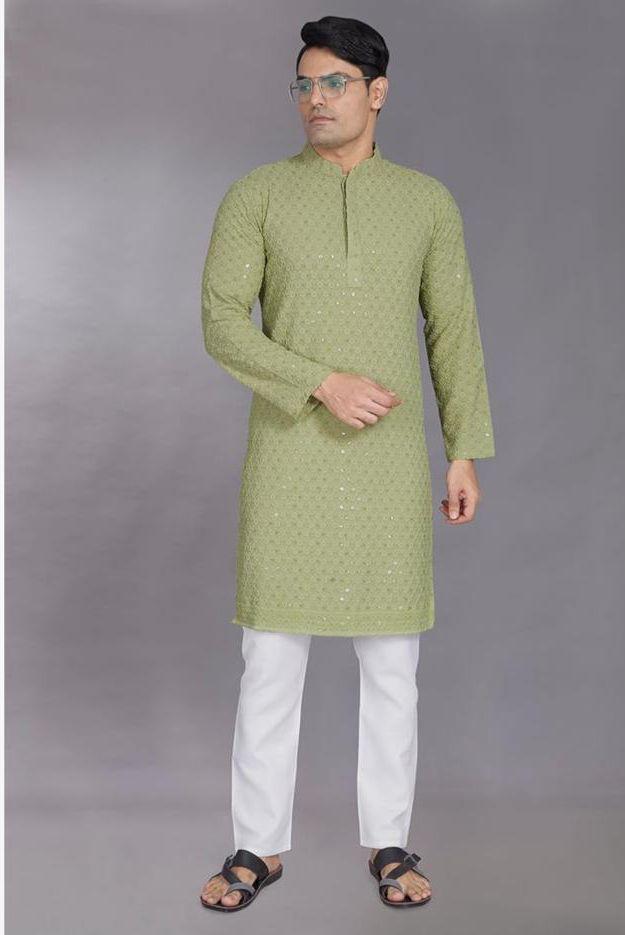 Sage Serenity Chikankari Kurta — Men's Wear at Trendy Closet, Morrisville NC