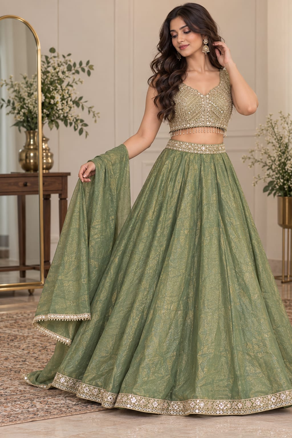 Sage Shimmer Gilded Lehenga — Lehengas at Trendy Closet, Morrisville NC