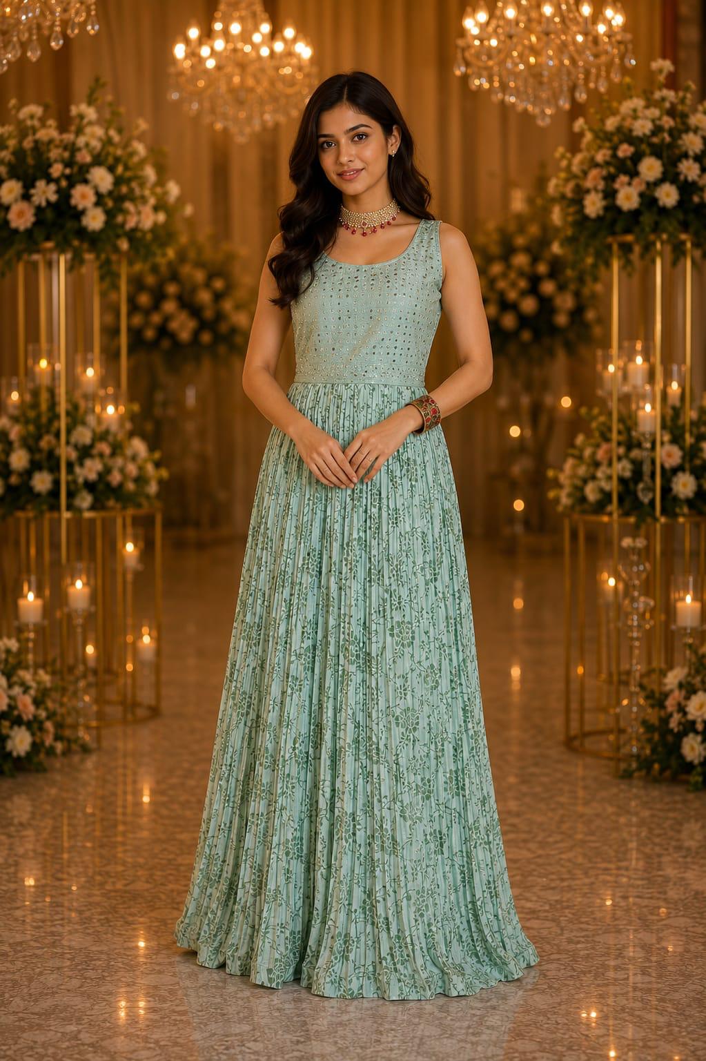 Seafoam Blossom Pleated Gown — Gowns at Trendy Closet, Morrisville NC