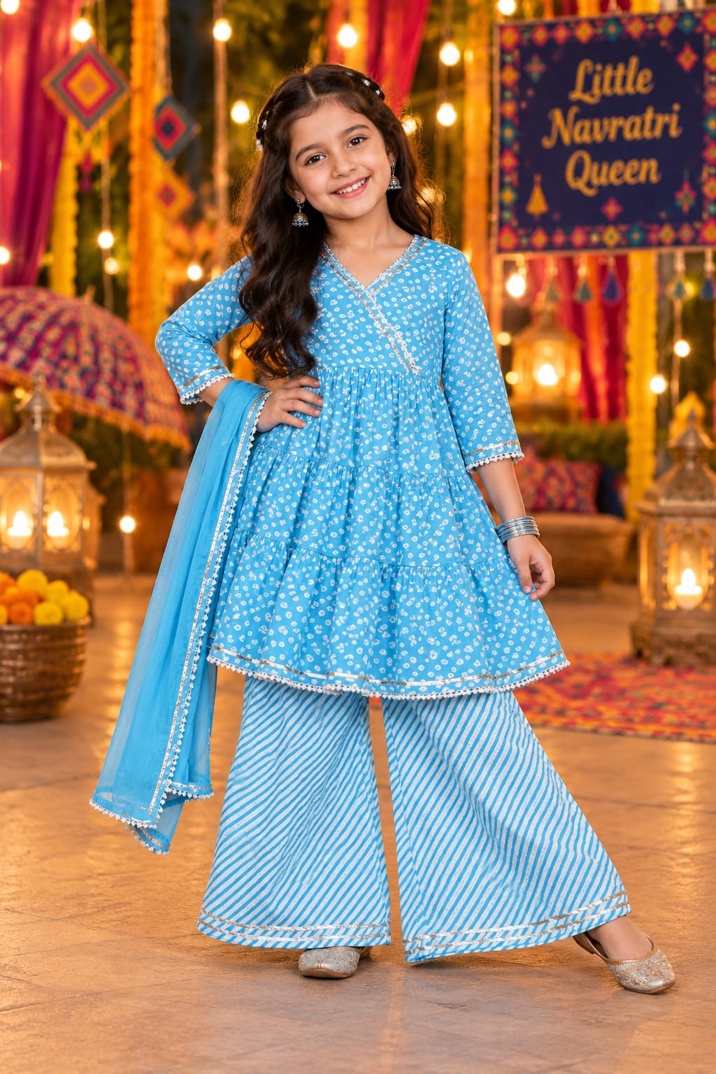 Azure Bandhani Peplum Set — Kids - Girl at Trendy Closet, Morrisville NC