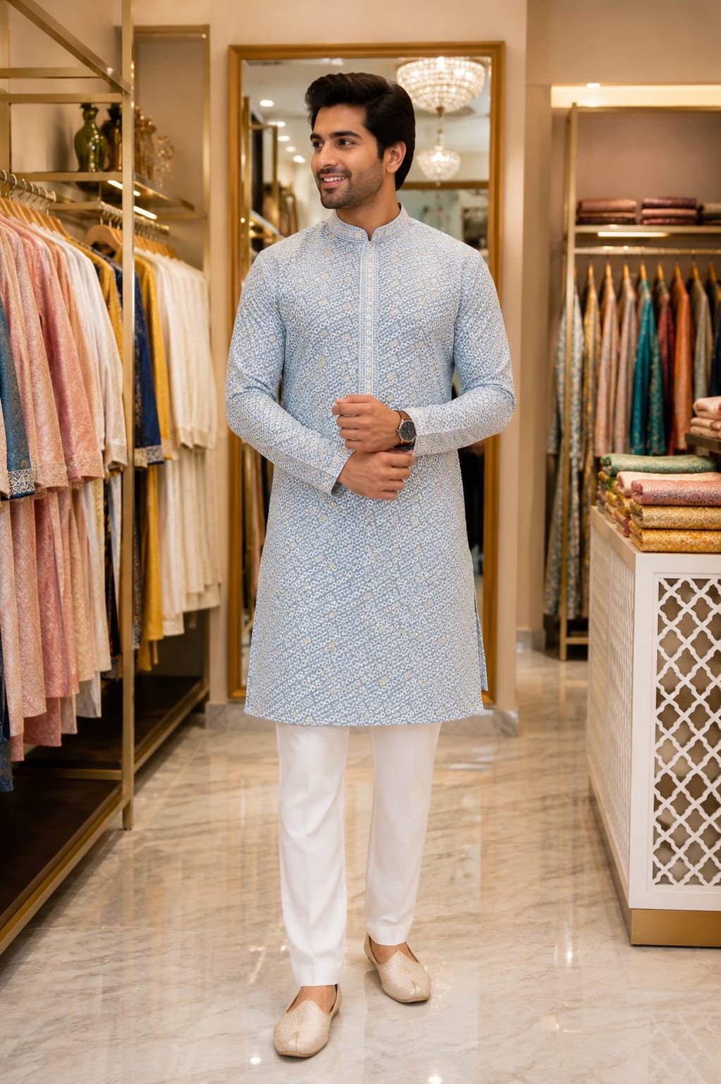 Sky Azure Chikankari Kurta — Men's Wear at Trendy Closet, Morrisville NC