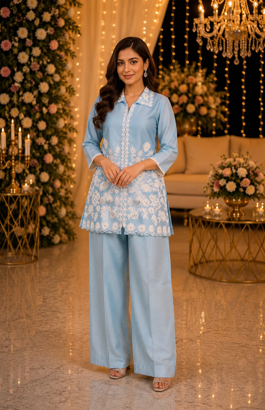 Sky Blue Floral Elegance Co-ord Set — Co-ord Set at Trendy Closet, Morrisville NC