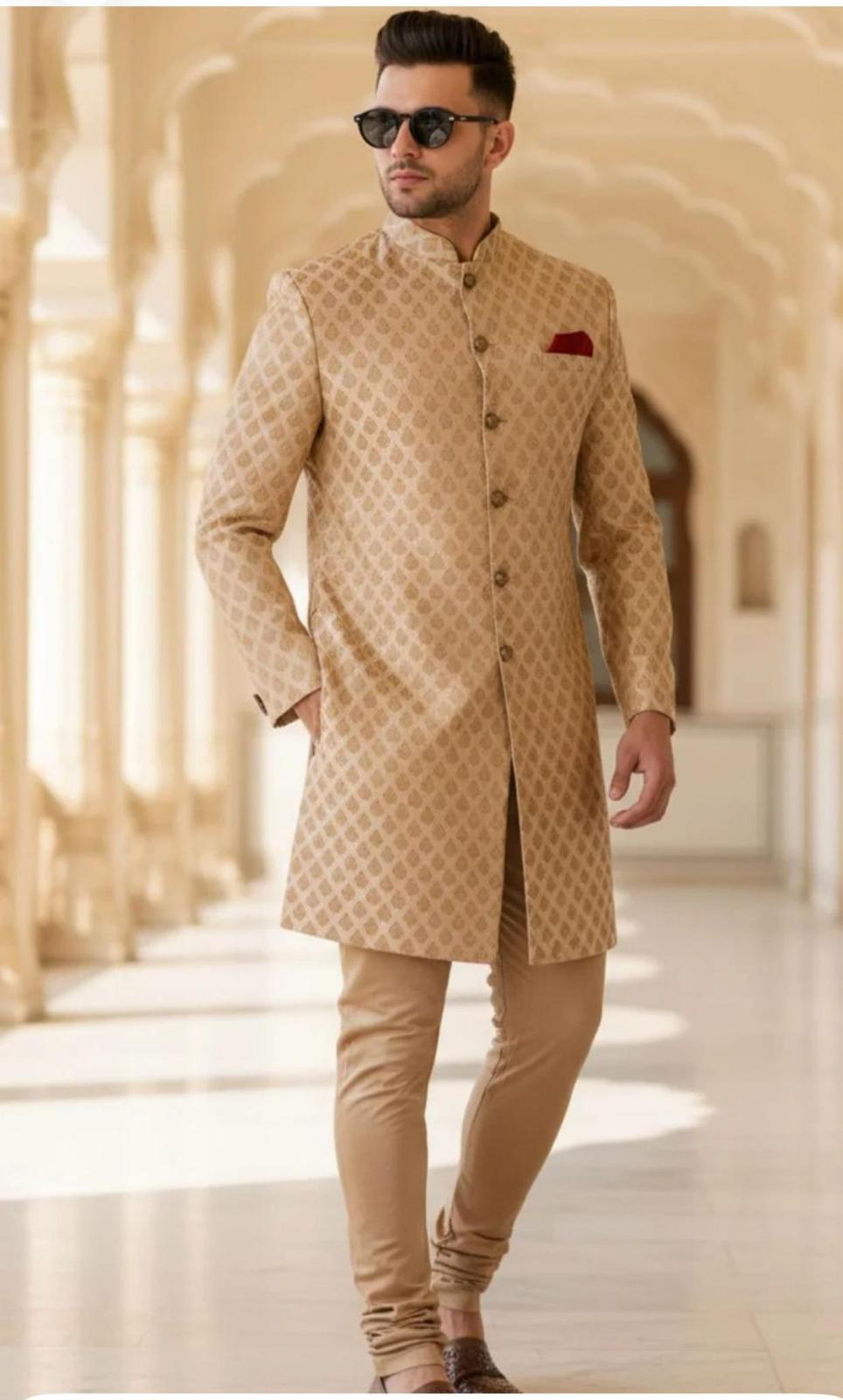 Beige Royal Jacquard Achkan — Men's Wear at Trendy Closet, Morrisville NC