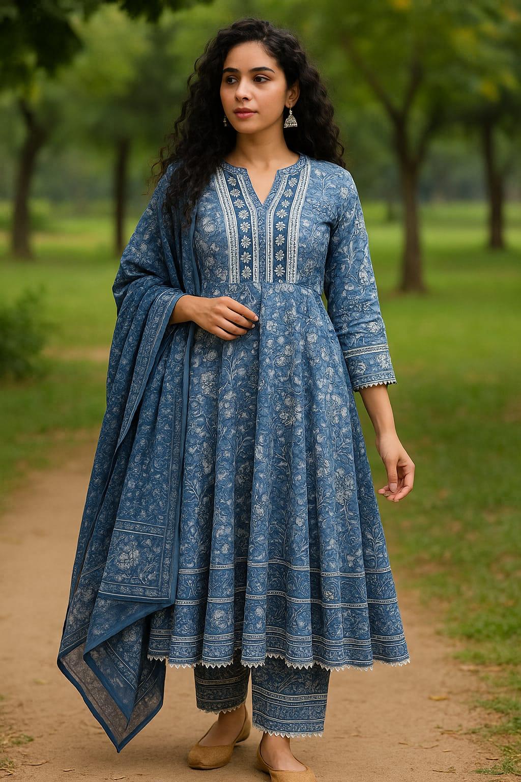 Indigo Bloom Anarkali — Suit Set at Trendy Closet, Morrisville NC