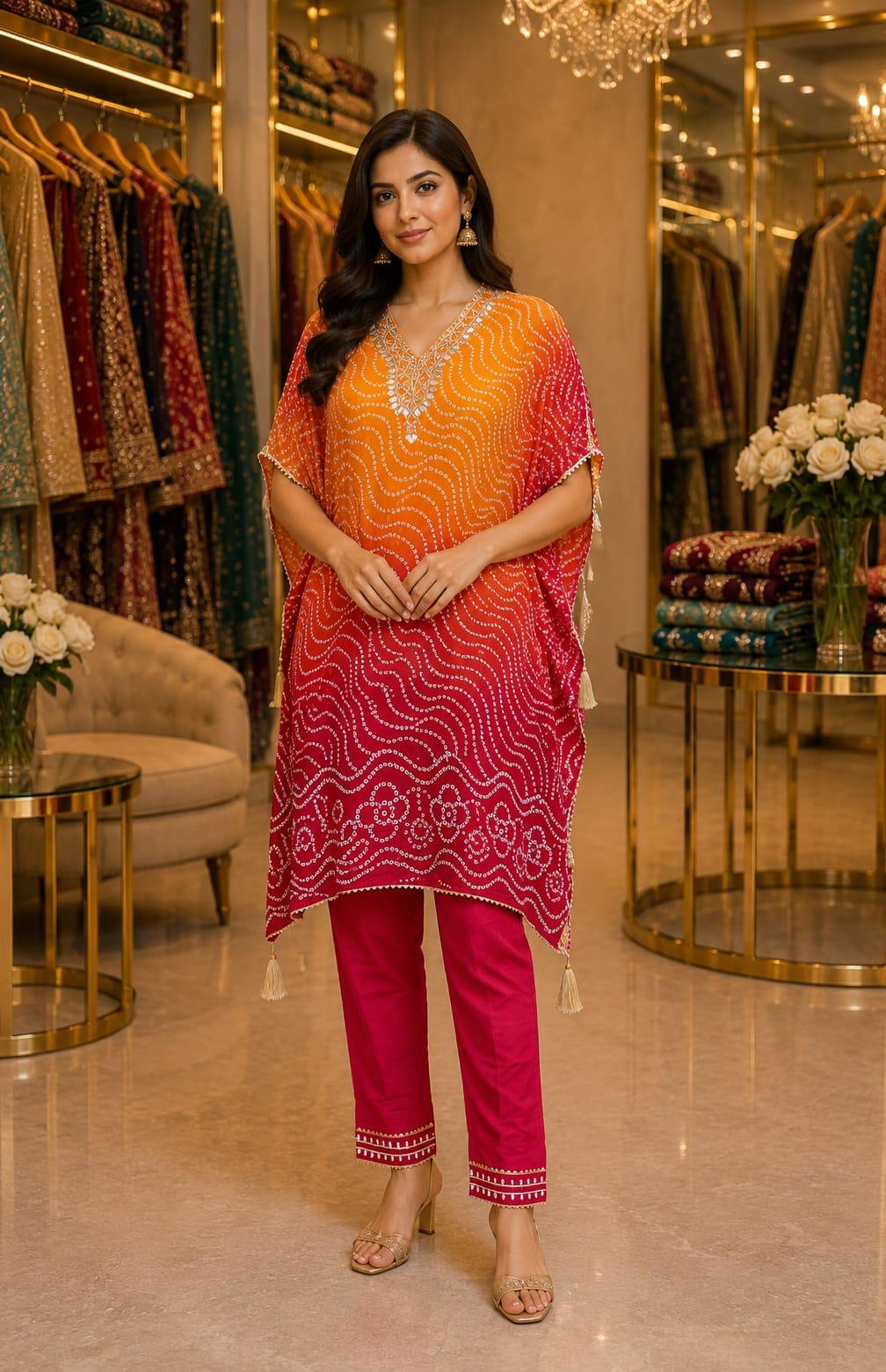 Sunset Bandhani Kaftan Set — Co-ord Set at Trendy Closet, Morrisville NC