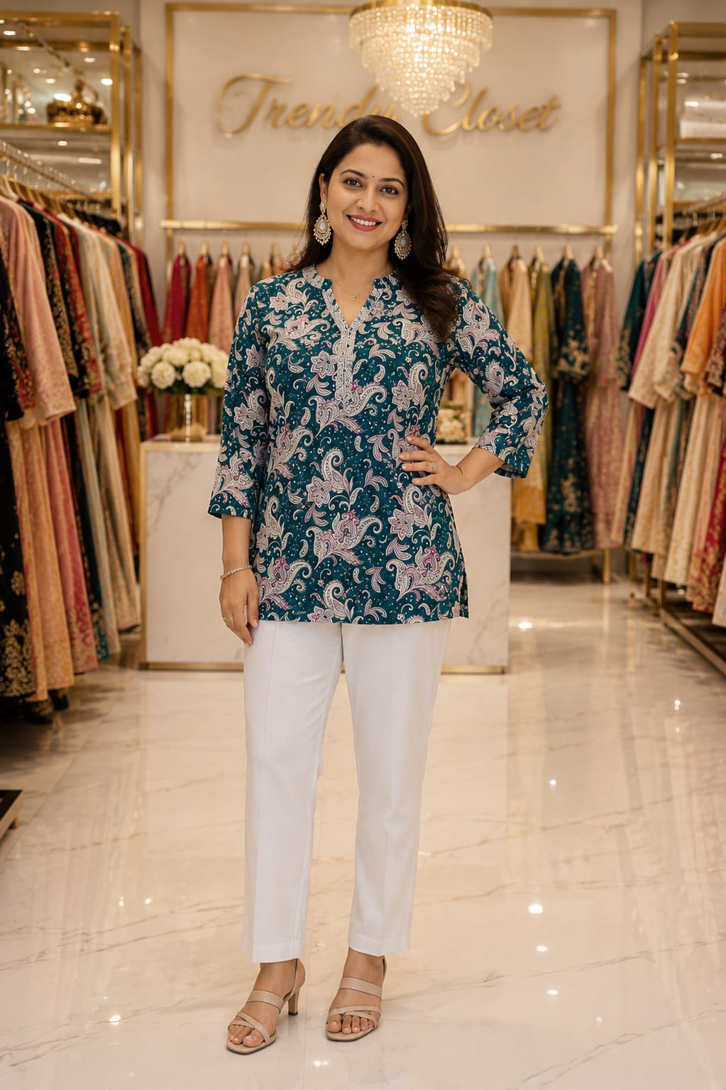 Teal Paisley Printed Short Kurti with White Straight Pants — Kurti at Trendy Closet, Morrisville NC