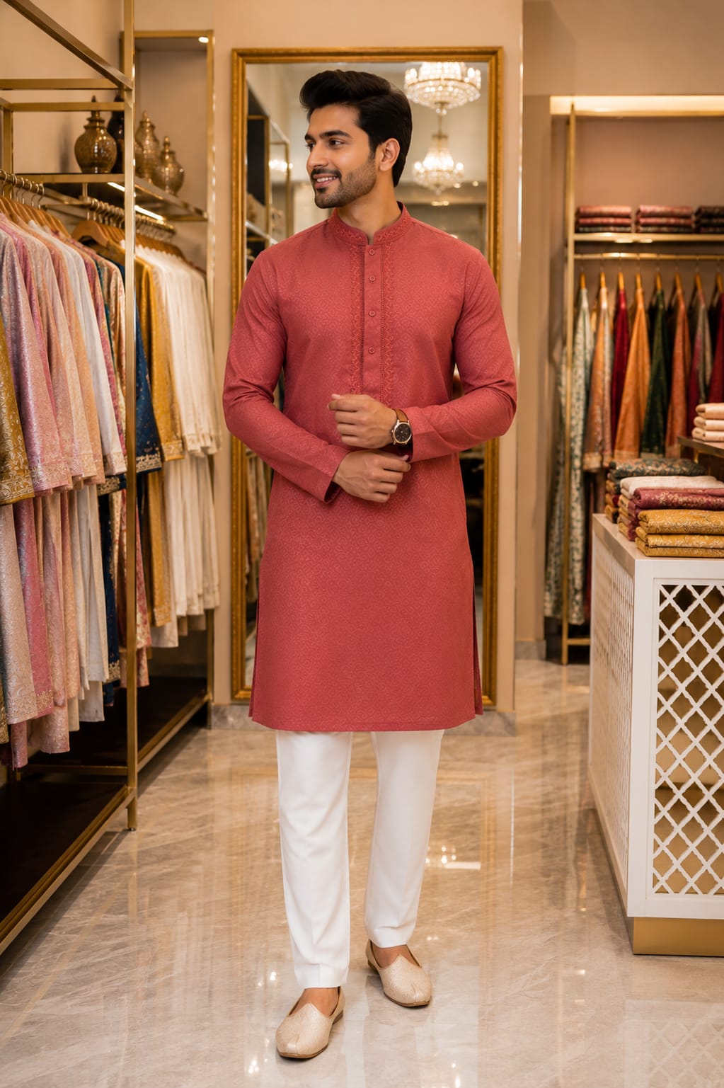 Terracotta Heritage Jacquard Kurta — Men's Wear at Trendy Closet, Morrisville NC