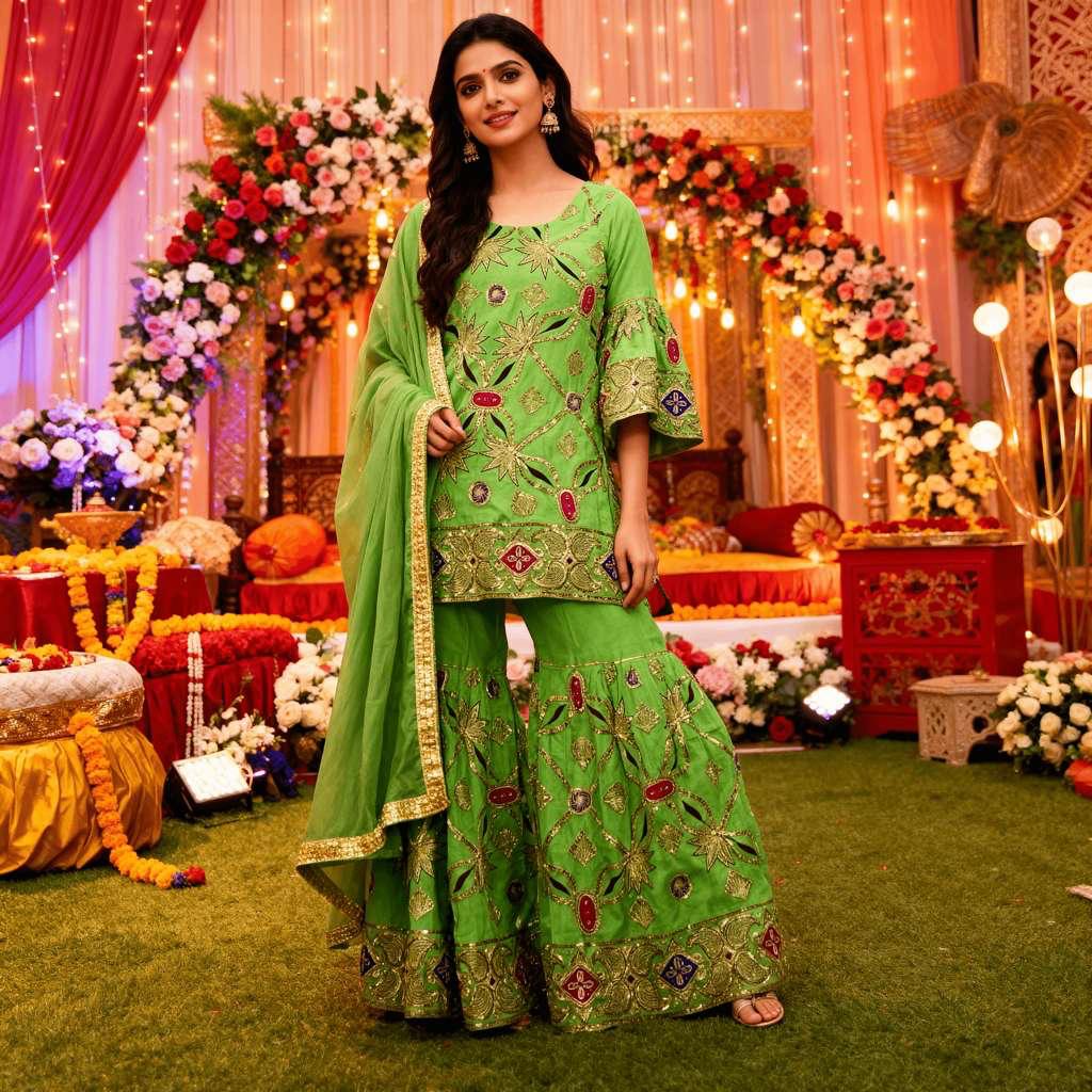 Lush Lime Gota Sharara — Sharara Suits at Trendy Closet, Morrisville NC