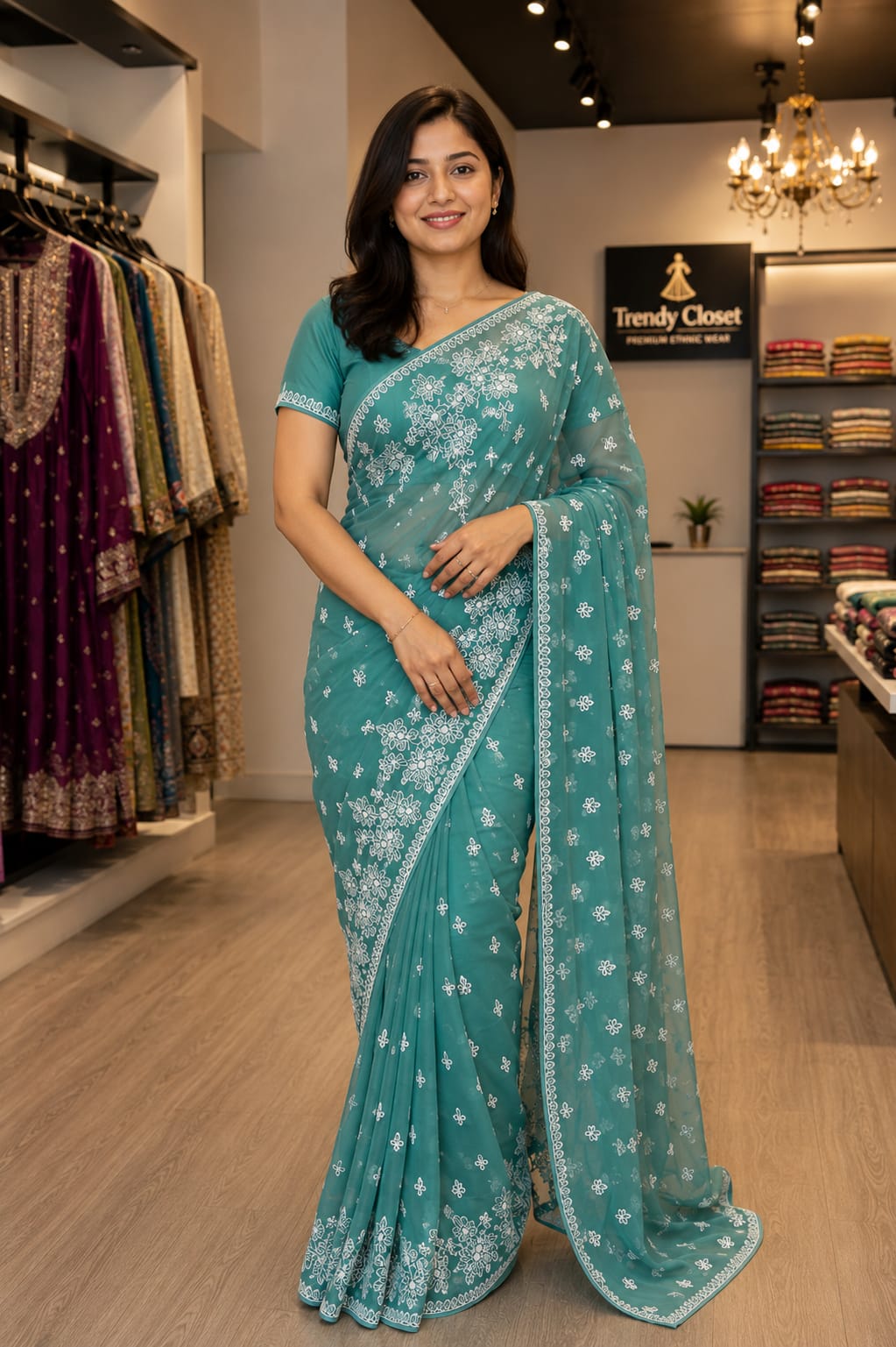 Seafoam Blossom Saree — Sarees at Trendy Closet, Morrisville NC