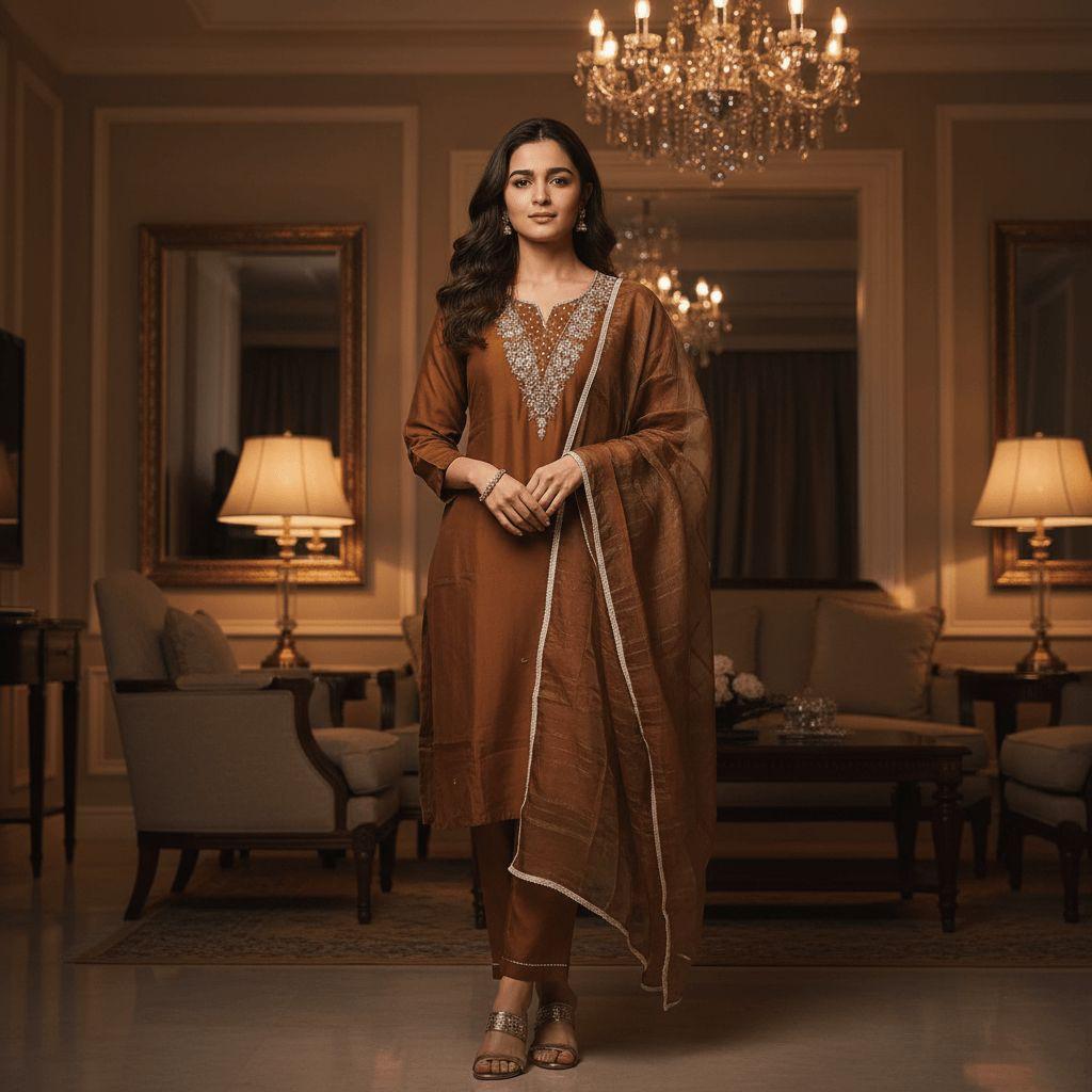 Bronze Earth Chanderi Suit — Suit Set at Trendy Closet, Morrisville NC