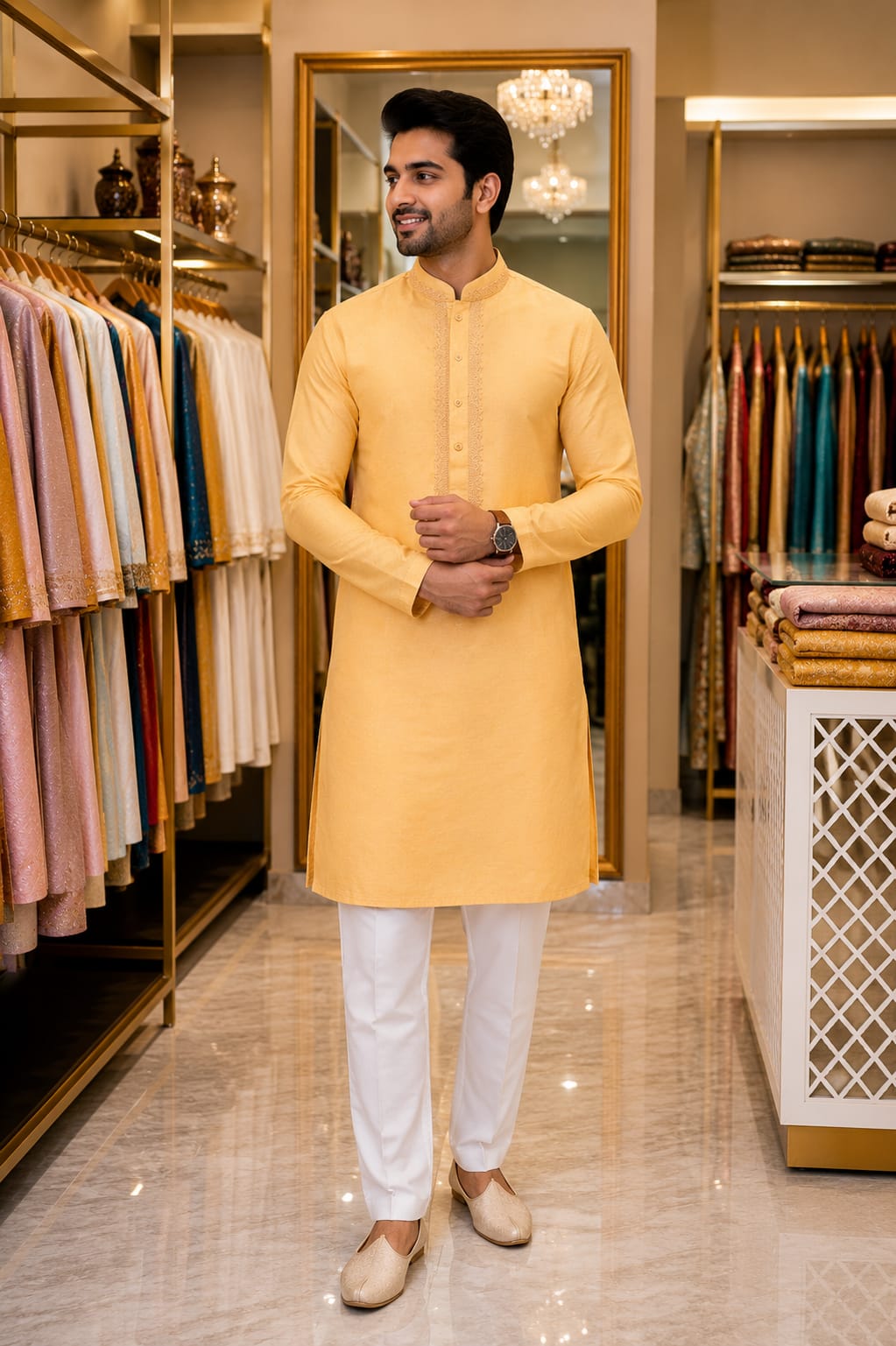Golden Amber Silk Kurta — Men's Wear at Trendy Closet, Morrisville NC