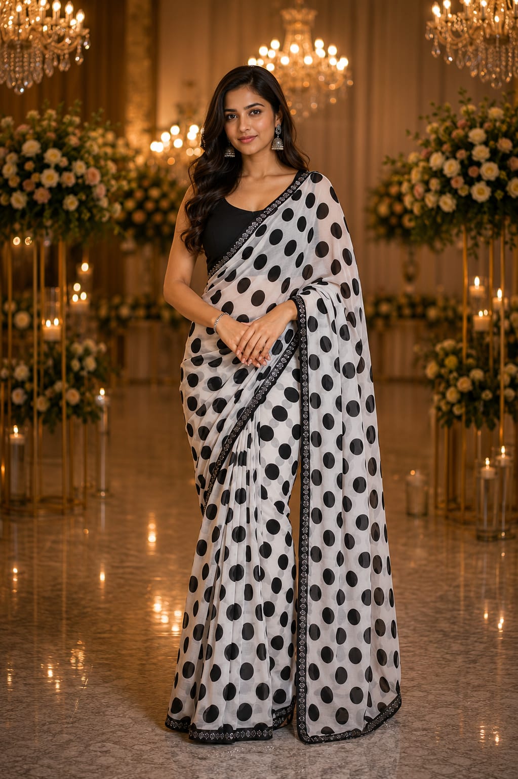 White & Black Polka Dot Designer Saree — Sarees at Trendy Closet, Morrisville NC