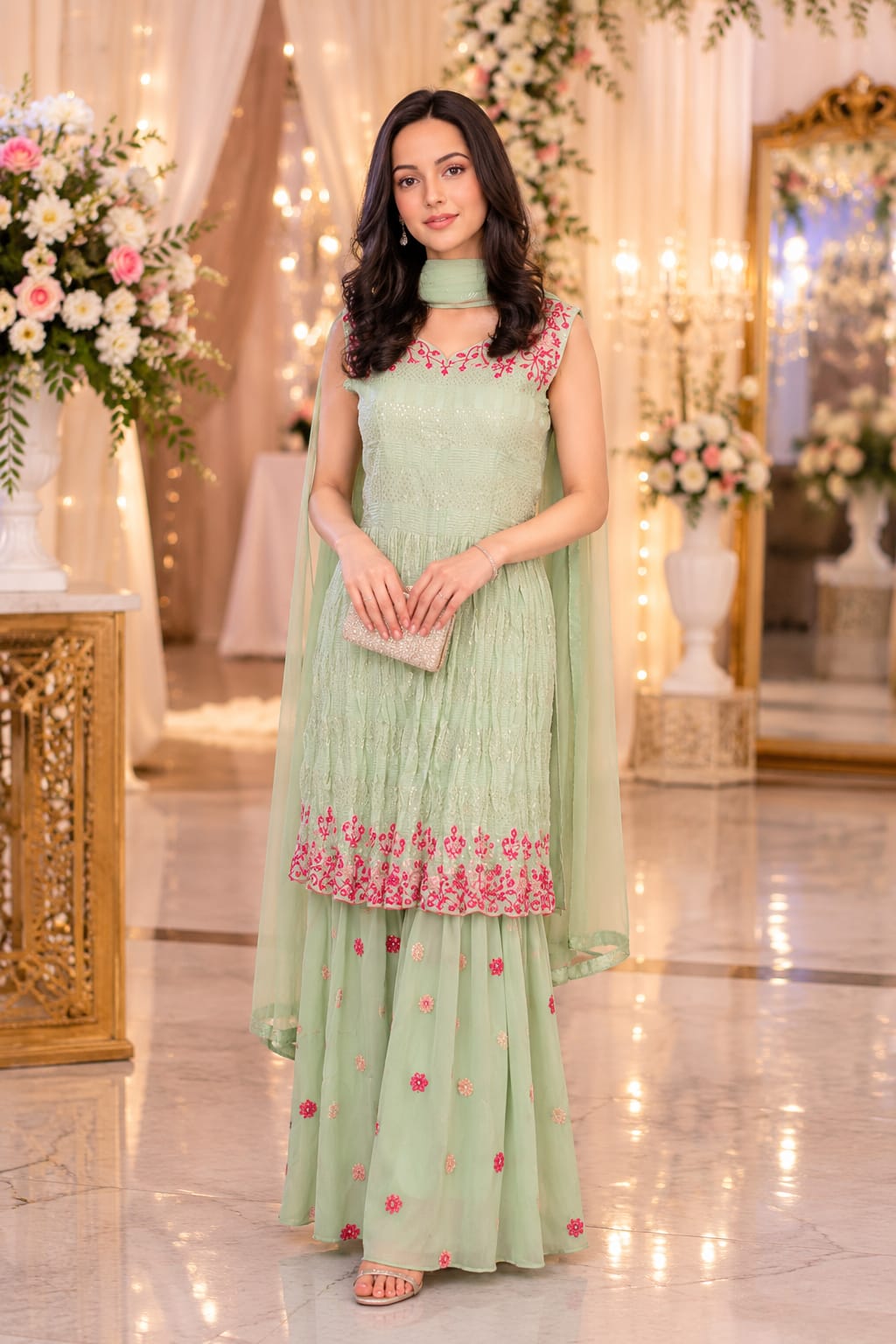 Women's Mint Green Embroidered Kurta Sharara Set — Sharara Suits at Trendy Closet, Morrisville NC