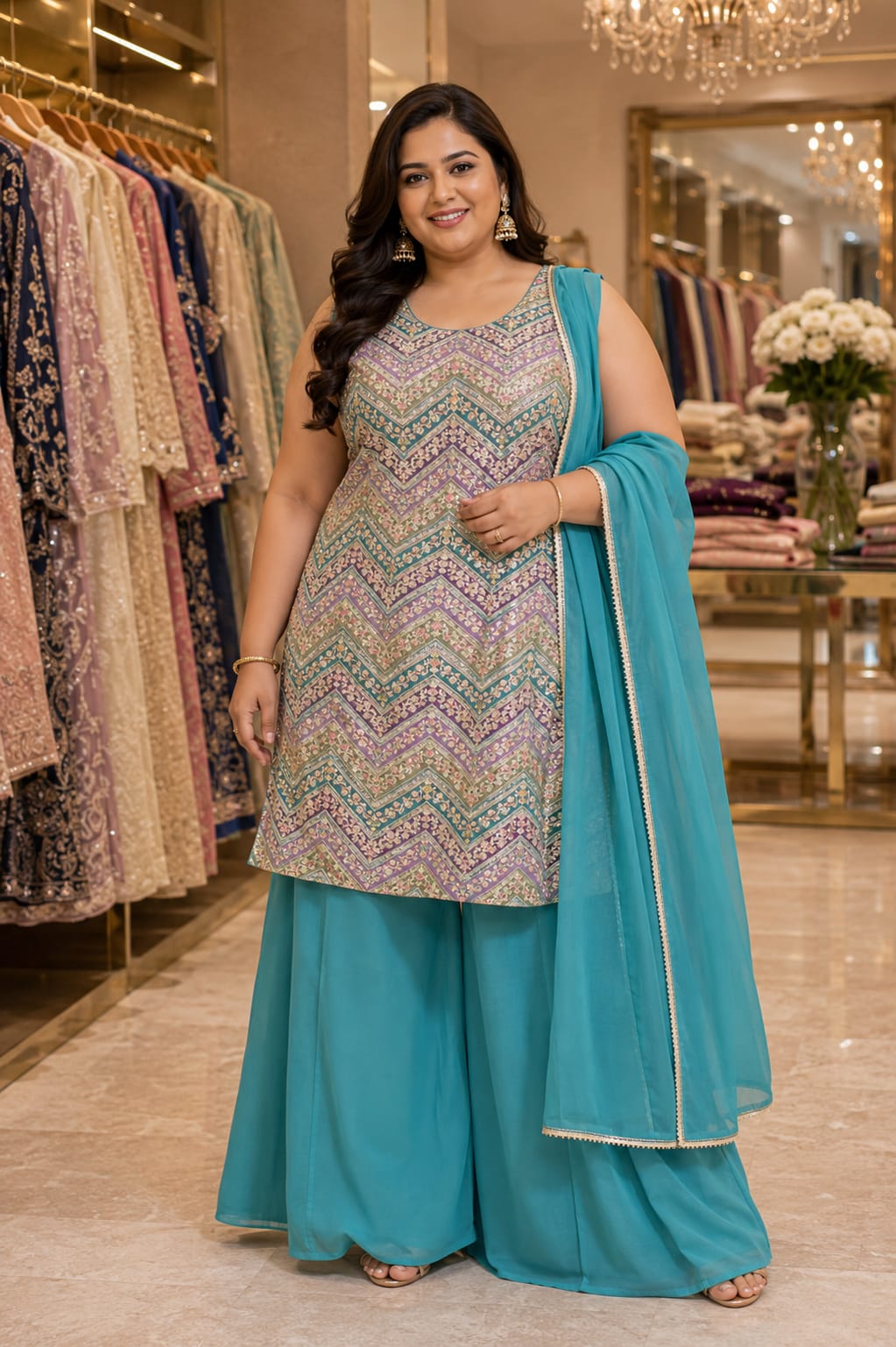 Aqua Blue Printed Kurta Sharara Set — Sharara Suits at Trendy Closet, Morrisville NC