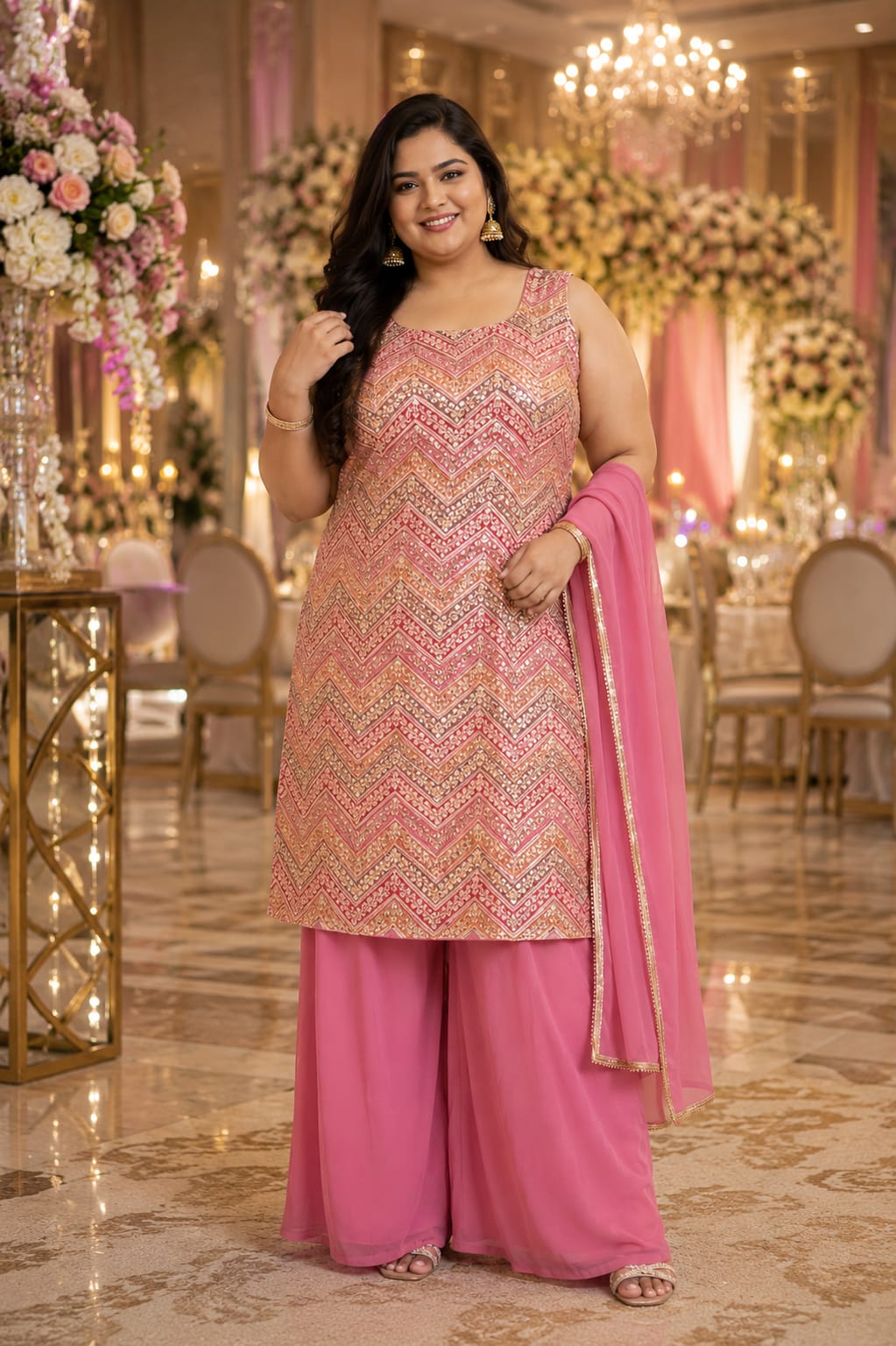 Pink Chevron Printed Kurta Sharara Set — Sharara Suits at Trendy Closet, Morrisville NC