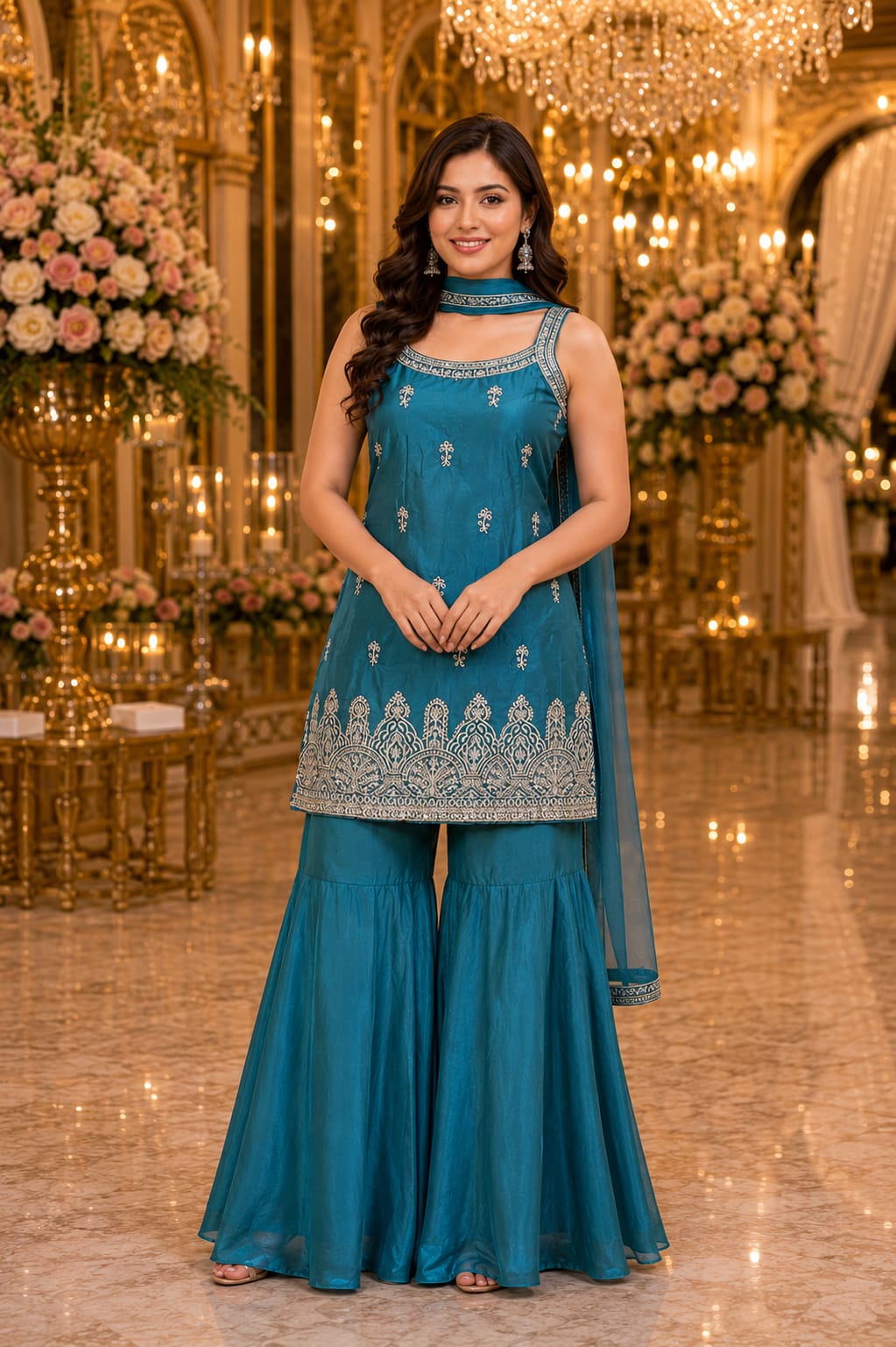 Teal Blue Embroidered Kurta Sharara Set — Sharara Suits at Trendy Closet, Morrisville NC